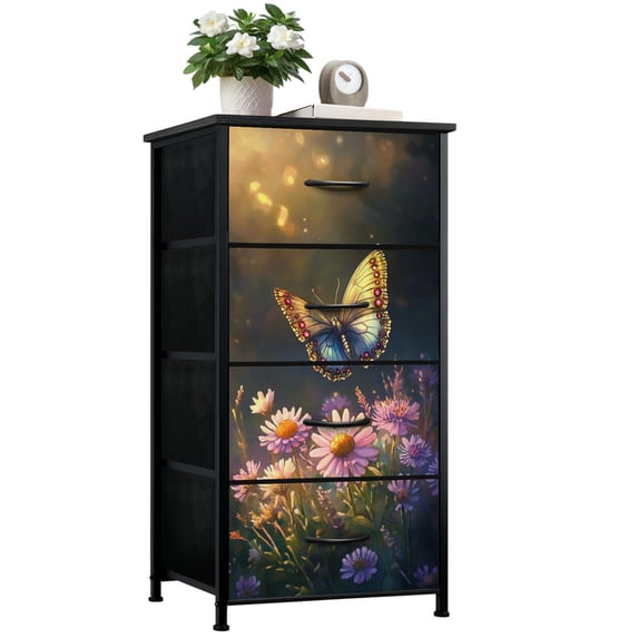 Boho Dresser for Bedroom with 4 Storage Drawers Serene Butterfly Wildflowers Storybook Inspired Painting Dressers Chest of Drawers Steel Framed Fabric Closet Organizers for Entryway