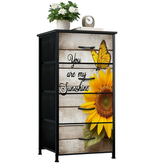 Boho Dresser for Bedroom with 4 Storage Drawers Sunflower Butterfly Farmhouse Rustic Floral Pictures Painting Cabin Dressers Chest of Drawers Steel Framed Fabric Closet Organizers for Entryway