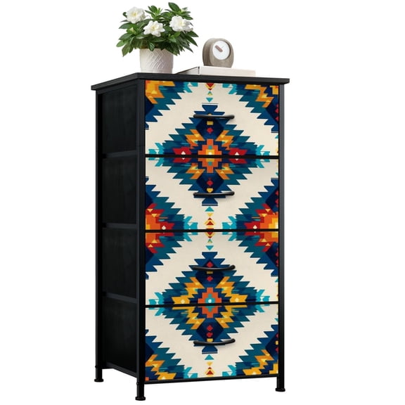 Boho Dresser for Bedroom with 4 Storage Drawers Timeless bohemian diamonds southBoho style blue teal yellow Dressers Chest of Drawers Steel Framed Fabric Closet Organizers for Entryway