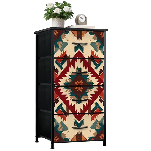 Boho Dresser for Bedroom with 4 Storage Drawers Tribal south american Ethnic Dressers Chest of Drawers Steel Framed Fabric Closet Organizers for Entryway Man Cave