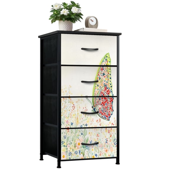 Boho Dresser for Bedroom with 4 Storage Drawers Untamed Wildflowers Butterfly Art Crimson Lime Cobalt Dressers Chest of Drawers Steel Framed Fabric Closet Organizers for Entryway