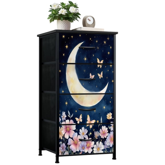 Boho Dresser for Bedroom with 4 Storage Drawers Vintage Blue Moody Mystical Floral Whimsical Celestial Dressers Chest of Drawers Steel Framed Fabric Closet Organizers for Women Dorm Entryway