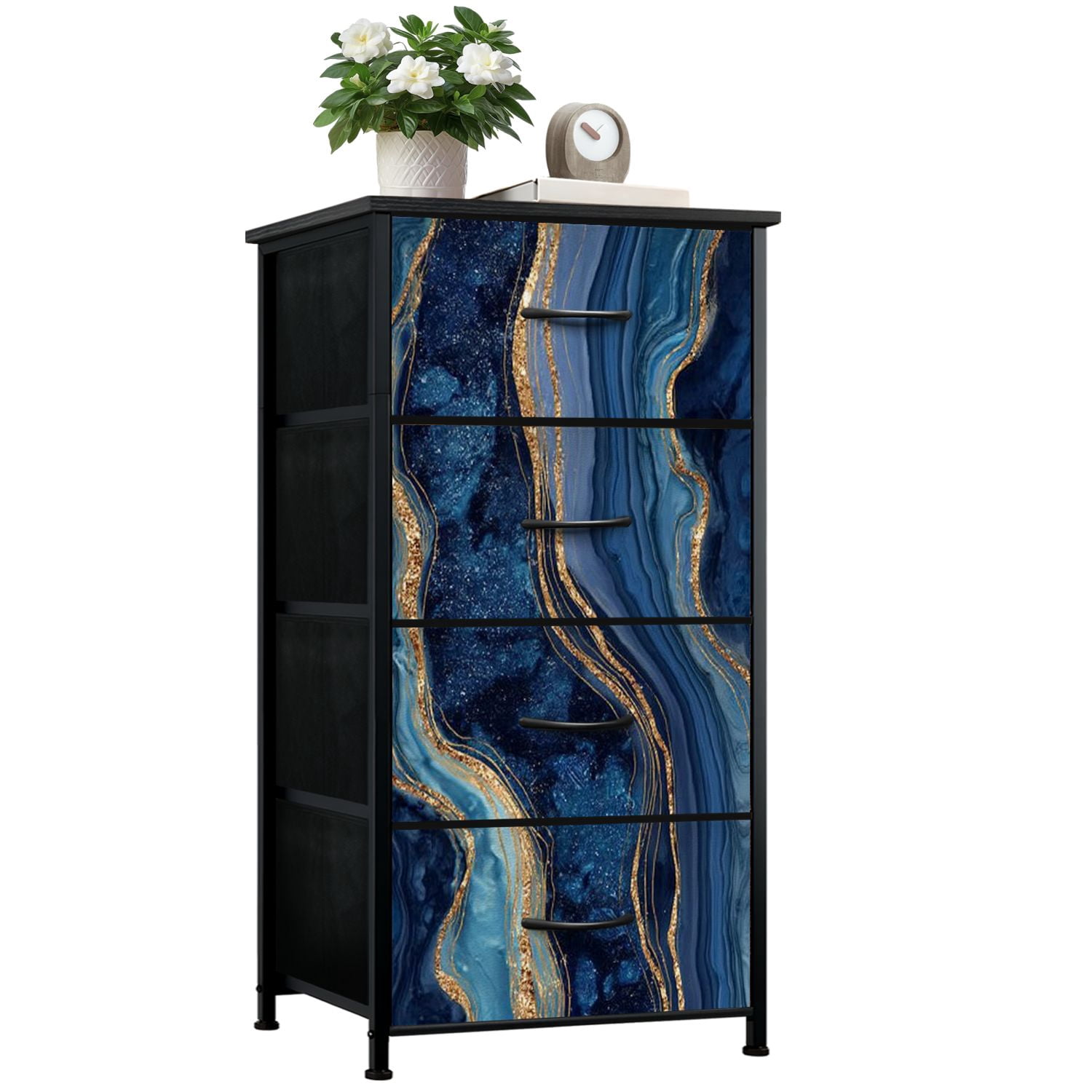 Boho Dresser for Bedroom with 4 Storage Drawers abstract blue marble agate granite mosaic golden veins japanese Dressers Chest of Drawers Steel Framed Fabric Closet Organizers for Entryway