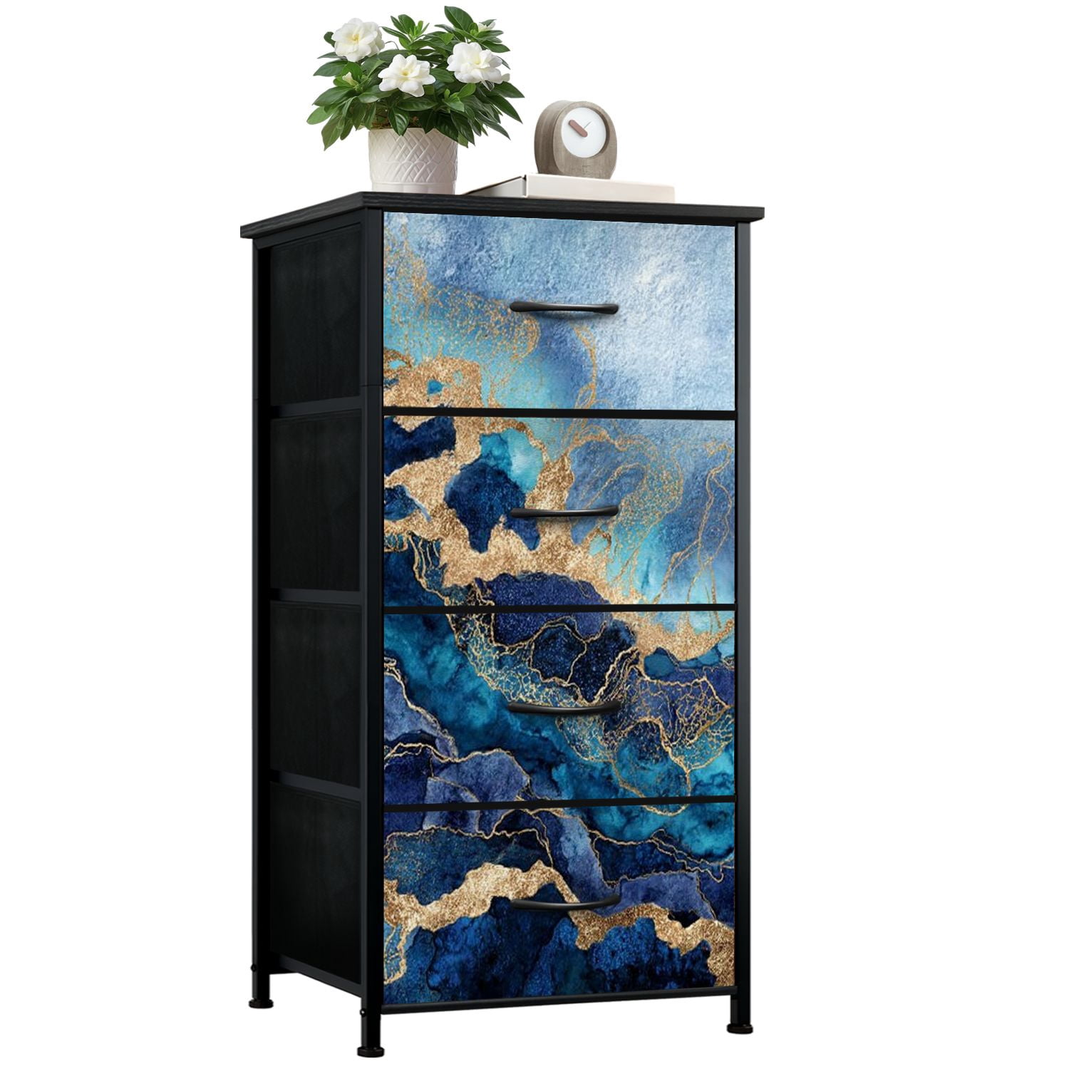Boho Dresser for Bedroom with 4 Storage Drawers abstract blue marble fake stone texture liquid paint gold foil glitter Dressers Chest of Drawers Steel Framed Fabric Closet Organizers for Entryway