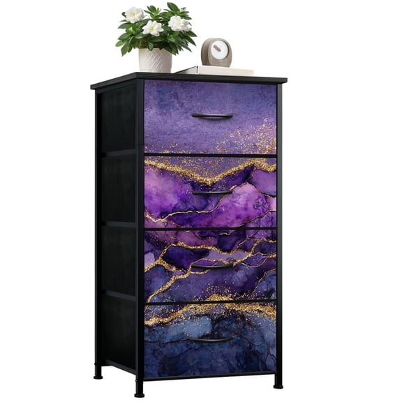 Boho Dresser for Bedroom with 4 Storage Drawers abstract marbling purple marble golden veins fake painted Dressers Chest of Drawers Steel Framed Fabric Closet Organizers for Entryway