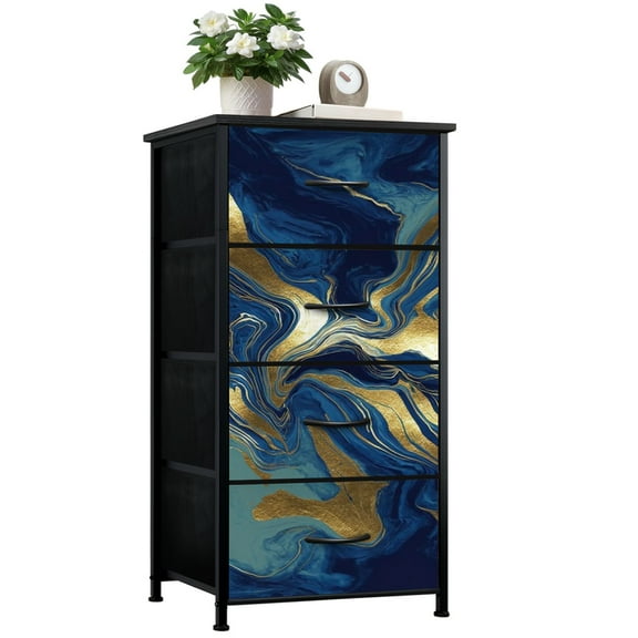 Boho Dresser for Bedroom with 4 Storage Drawers luxury Blue marble gold abstract texture Indigo ocean blue marbling Dressers Chest of Drawers Steel Framed Fabric Closet Organizers for Entryway