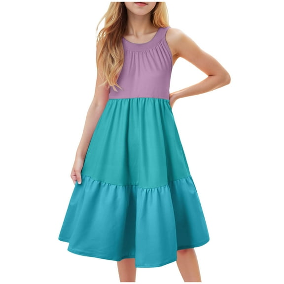 Boho Dresses For Girls Girls' Sleeveless Color Block Dress Summer Casual Sundress Skater Swing Twirly Halter Dress Girls Dresses Size 8