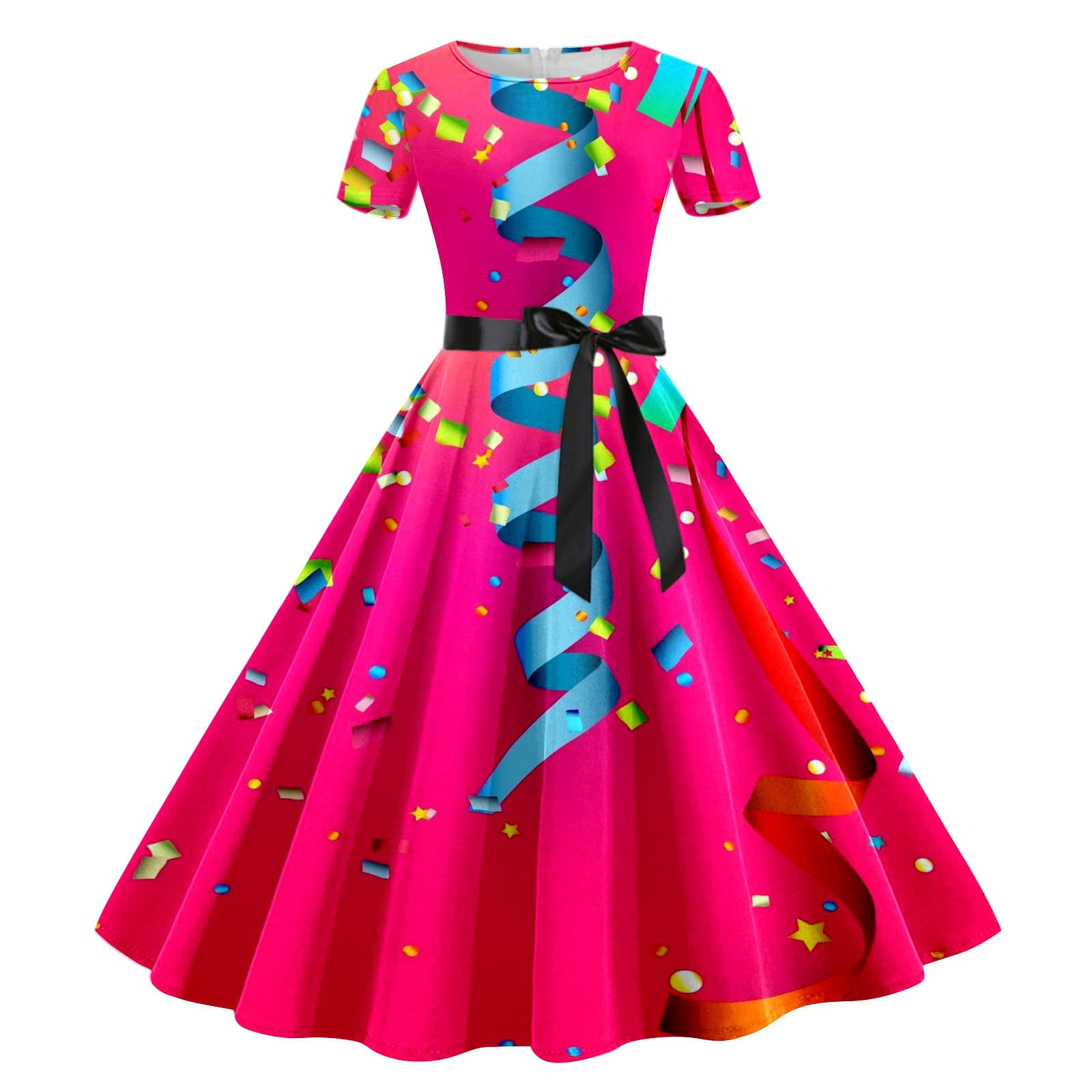 Boho Dresses For Women 2024 Women Print Round Neck Short Sleeve 1950s