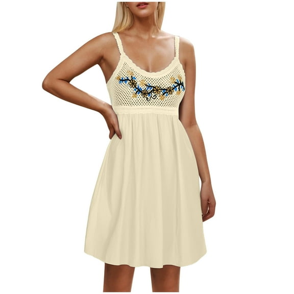Boho Dresses For Women Beach Fashion Casual Loose A-Line V-Neck Sleeveless Spaghetti Straps Solid Color Mini Flowy Sundress Beige-01