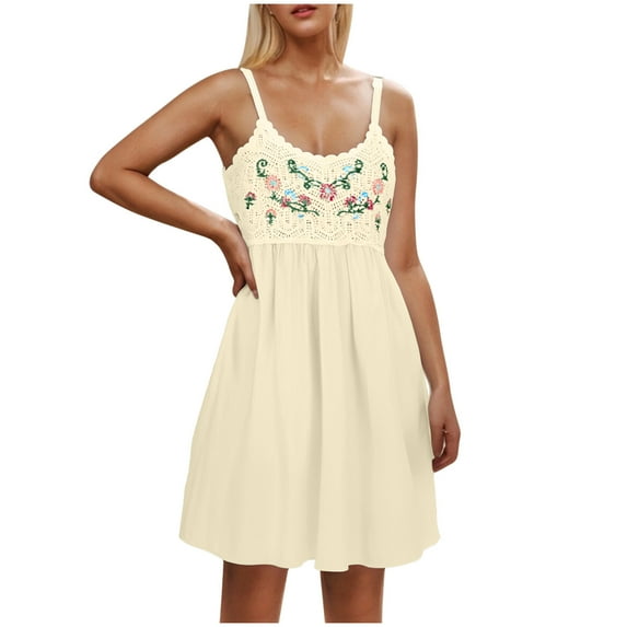 Boho Dresses For Women Beach Fashion Casual Loose A-Line V-Neck Sleeveless Spaghetti Straps Solid Color Mini Flowy Sundress Beige-06