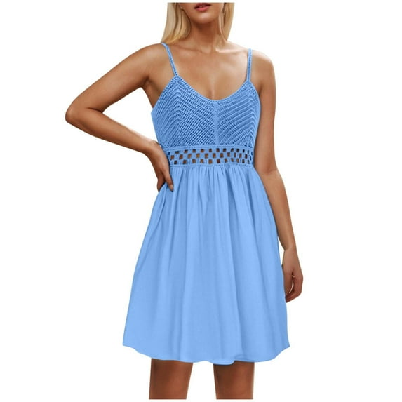 Boho Dresses For Women Beach Fashion Casual Loose A-Line V-Neck Sleeveless Spaghetti Straps Solid Color Mini Flowy Sundress Blue