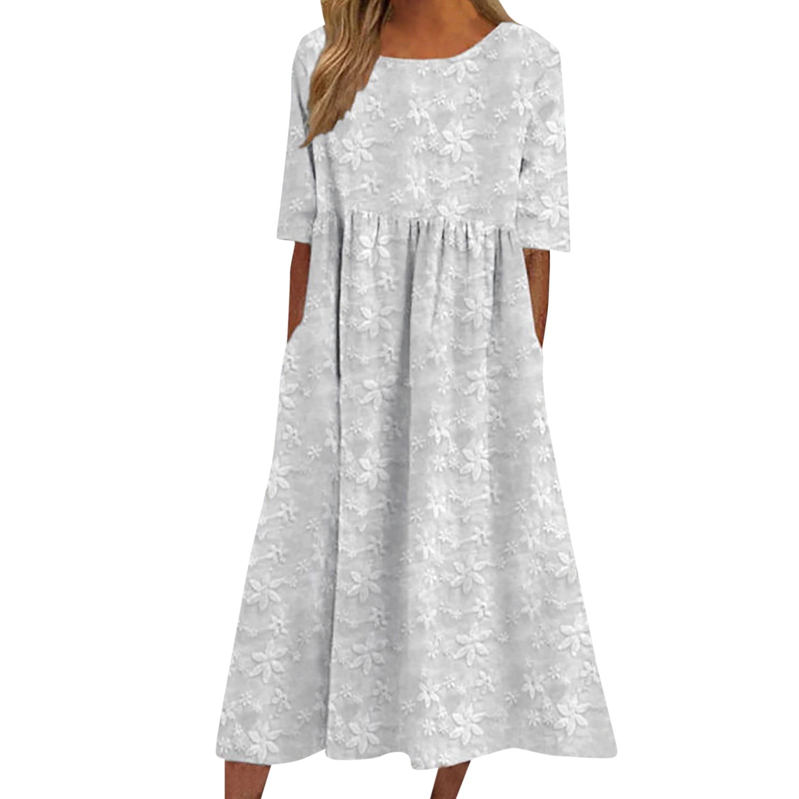 Boho Dresses For Women Summer Short Sleeve Lace Hollow Out Crew Neck