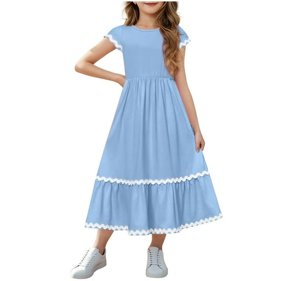 Boho Dresses for Girl 2025 Vacation New Girls Summer Sundress Ruffle Tiered Short Sleeve Elastic Waisted Casual Midi Dresses with Pockets Blue 9 Years