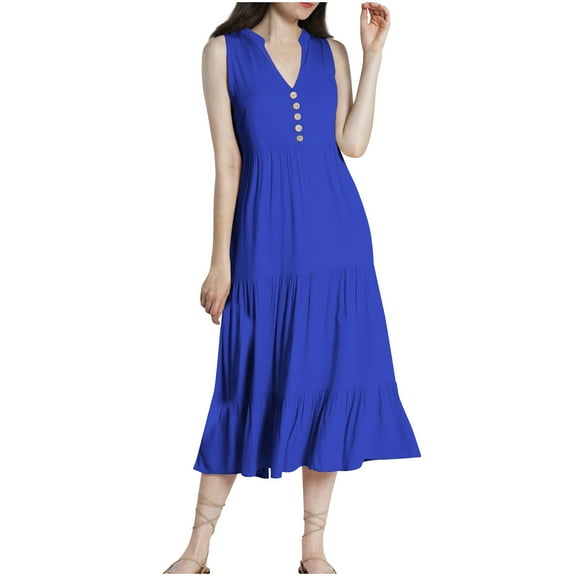 Boho Dresses for Women 2025 Midi Dresses Casual Loose Sleeveless V Neck Swing Dress Solid Button Down Elastic Flowy Dresses