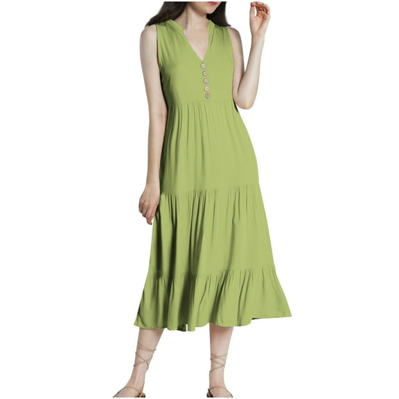 Boho Dresses for Women 2025 Midi Dresses Casual Loose Sleeveless V Neck Swing Dress Solid Button Down Elastic Flowy Dresses
