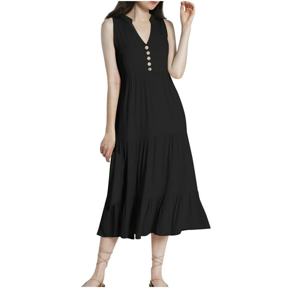 Boho Dresses for Women 2025 Midi Dresses Casual Loose Sleeveless V Neck Swing Dress Solid Button Down Elastic Flowy Dresses