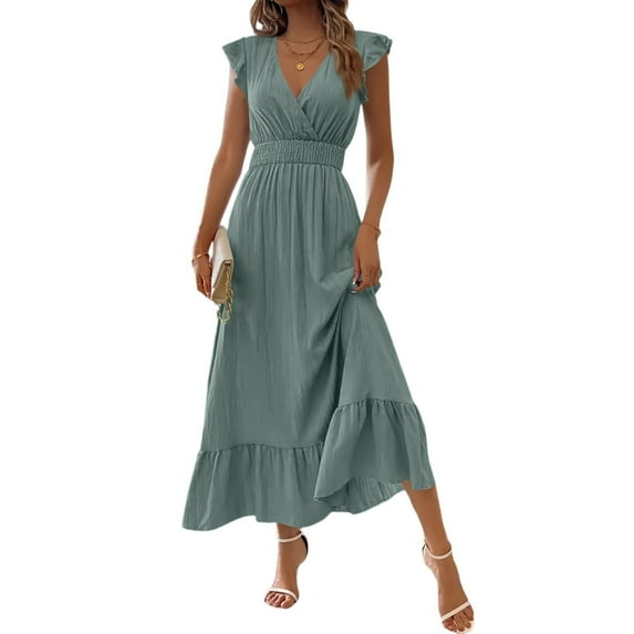 Boho Dresses For Women 2025, Casual High Waisted V Neck A Line Ruffle Sleeve Loose Maxi Sundress With Pockets Beach Vacation Wedding Guest Vintage Dress Formal Dresses (S, Light Green) ZMTing