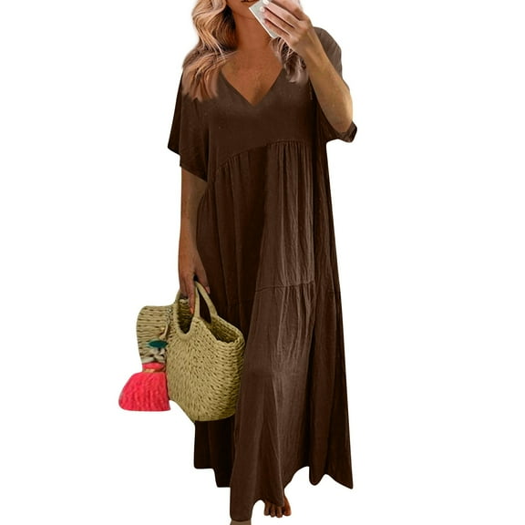Boho Dresses For Women 2025, Casual Linen V Neck Short Sleeves Loose Long Maxi Swing Dress Plus Size Beach Wedding Guest Vacation Midi Sundress Maternity Tank Dresses Casual (XL, Brown) ZMTing