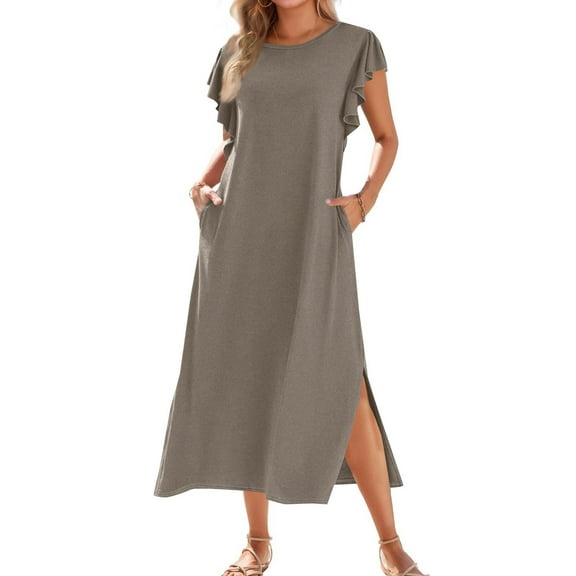 Boho Dresses For Women 2025, Casual Pleated Sleeves Loose Fit Round Neck Slit Beach Sundress Party Vacation Long Flowy Maxi Dress With Pockets White Dress Spring Dresses (L, Brown) ZMTing