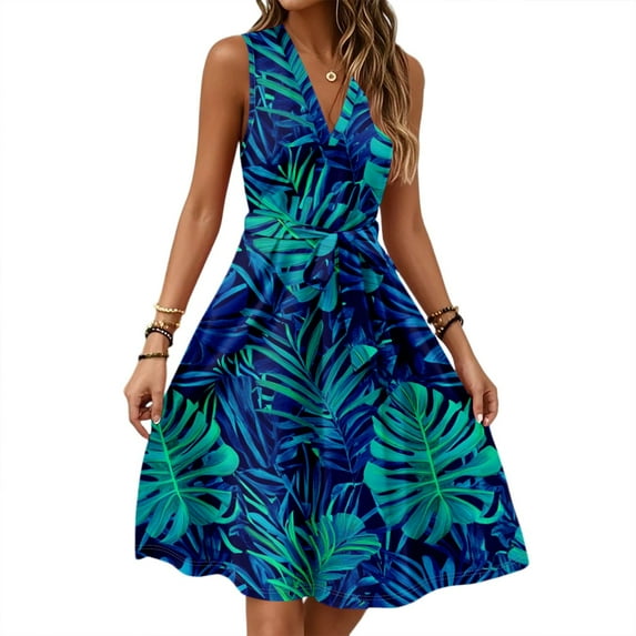 Boho Dresses For Women 2025, Casual V Neck Sleeveless Floral Tunic Tank Midi Dress Cocktail Beach Vacation Dark Green Dress Maxi Seniors Casual Dresses Cocktail Dresses Maxi (S, Navy) ZMTing
