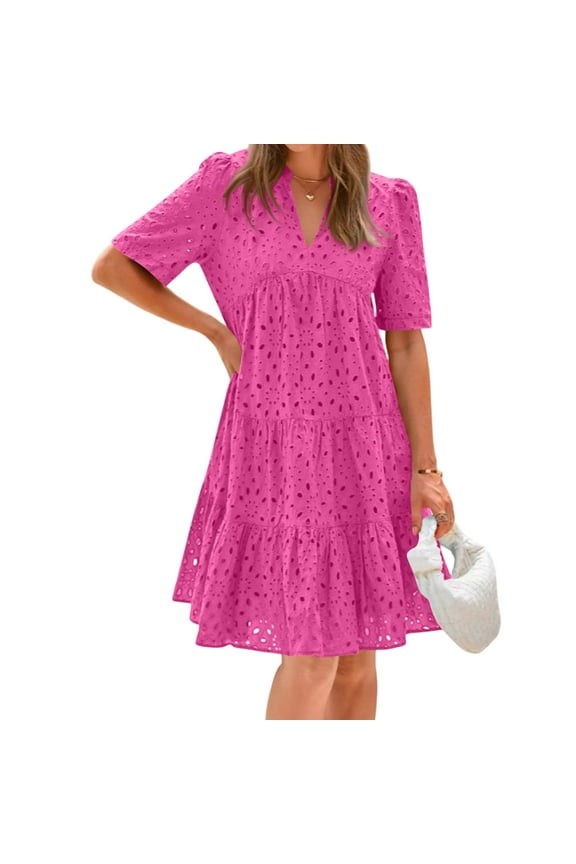 Boho Dresses For Women 2025, Eyelet Dress Casual V Neck A Line Short Sleeve Sundress Vacation Party Fur Denim Dress Plus Size Semi Formal Dresses Going Out Dresses Cocktail (XXL, Hot Pink) ZMTing