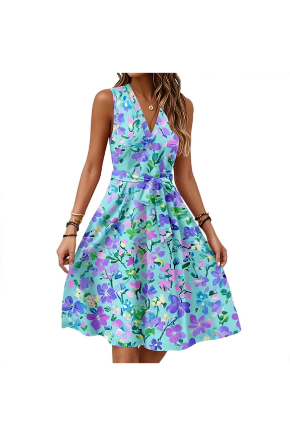 Boho Dresses For Women 2025, Floral Casual V Neck Sleeveless Tunic Tank Dress Cocktail Wedding Guest Beach Vacation Sundress Spring Dress Business Mini Cocktail Dresses (XXL, Sky Blue) ZMTing