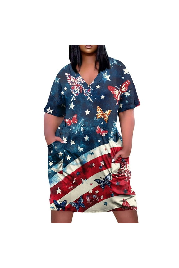 Boho Dresses For Women 2025, Red White And Blue Plus Size V Neck Casual Dress With Pockets Loose Fit 4Th Of July Sundress Vacation Party Cocktail Wedding Guest Dresses Work (5XL, Royal Blue) ZMTing