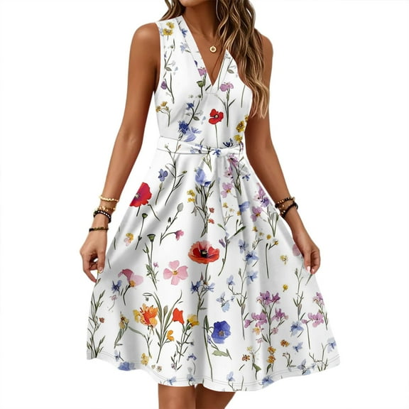 Boho Dresses For Women 2025, Smocked Floral Casual V Neck Sleeveless Tunic Tank Dress Cocktail Beach Vacation Men'S Dress Shirts Yellow Dresses 2025 Green Spring Dresses (XL, White) ZMTing