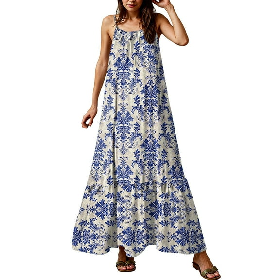 Boho Dresses For Women 2025, Summer Wedding Guest Dress Elegant Halter Beach Party Hawaiian 2025 Floral Maxi Spaghetti Strap Scoop Neck Smocked Ruffle Flowy Brown
