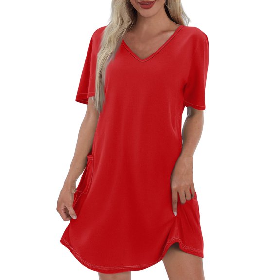 Boho Dresses For Women 2025, T Shirt Sundress Casual V Neck Short Sleeve Cotton Knee Length Dress With Pocket Black Mini Dress Long Wrap 2025 Work Dresses Mexican Work Dresses (S, Red) ZMTing