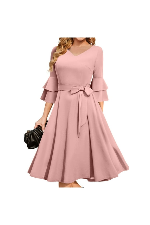 Boho Dresses For Women 2025, Wedding Guest Dress Elegant Bell Sleeve Cocktail Party Church Midi Evening Dress Pants Spring Work Dresses 2025 Dresses Teacher Short Dresses (XL, Pink) ZMTing