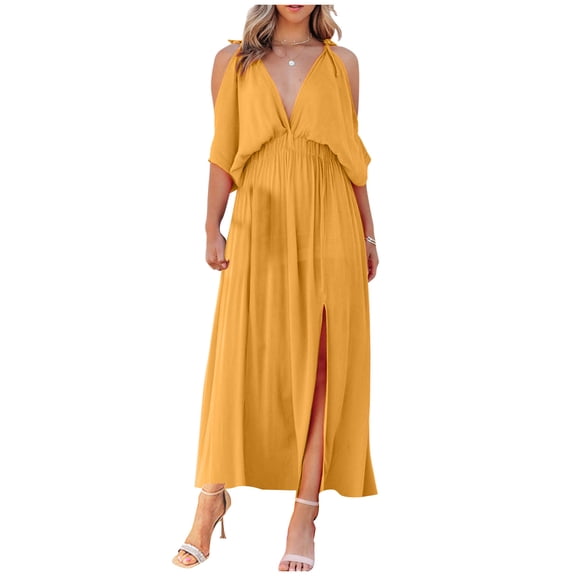 Boho Dresses for Women 2025 Women's Off The Shoulder Short Sleeve Lace Up-neck Bohemian Fashion Solid Color High Waist And Ankle Dress Womens Summer Dress Yellow XL