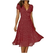 Boho Dresses for Women 2024 Floral Sun Dresses Wrap V Neck Short Sleeve Belted Ruffle Hem A-Line Flowy Maxi Dresses