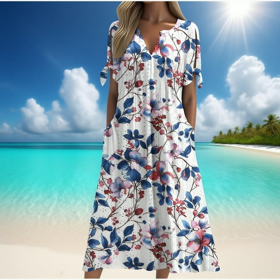 Zunfeo Boho Dresses for Women 2025 Floral Eyelet Summer Dress Elegant Wedding Guest Dress Mother's Day Gift Blue L