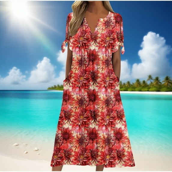 Zunfeo Boho Dresses for Women 2025 Floral Eyelet Summer Dress Elegant Wedding Guest Dress Mother's Day Gift Red XL