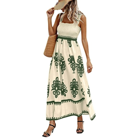 Boho Dresses for Women 2025 Sleeveless Square Neck Smocked Maxi Dress Casual A Line Flowy Beach Vacation Sun Dresses Army Green L