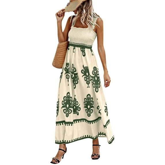 Boho Dresses for Women 2025 Sleeveless Square Neck Smocked Maxi Dress Casual A Line Flowy Beach Vacation Sun Dresses Army Green XXL