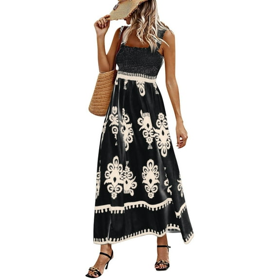 Women's Summer Beach Vacation Dresses 2025 Blue and White Floral Long Maxi Sundresses Black XL