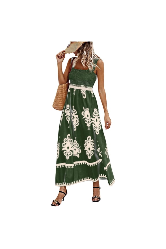 Boho Dresses for Women 2025 Sleeveless Square Neck Smocked Maxi Dress Casual A Line Flowy Beach Vacation Sun Dresses Green L