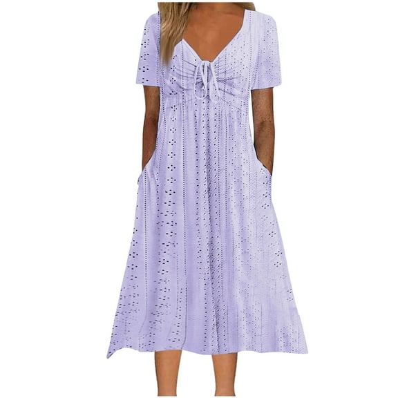 Boho Dresses for Women 2025 Summer Trendy Eyelet Tie Knot Short Sleeve Sundresses Casual Tshirt Dress with Pockets