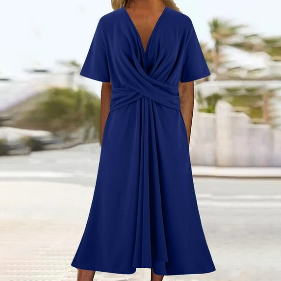 Boho Dresses for Women 2025 Women Fashion Summer Spring-Neck Solid Short Sleeve Casual Loose Dress Boho Dresses for Women Blue M