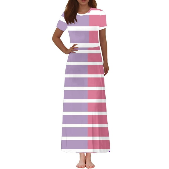 Boho Dresses for Women 2025 Women's Fashion Printed Short Sleeve Round-Neck Ankle Dress Womens Summer Dress Purple L