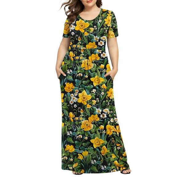 Boho Dresses for Women 2025 Women's Plus Printed Casual Short Sleeve Round Neck Pleated Pocket And Ankle Dress Boho Dresses Long Multicolor 3XL
