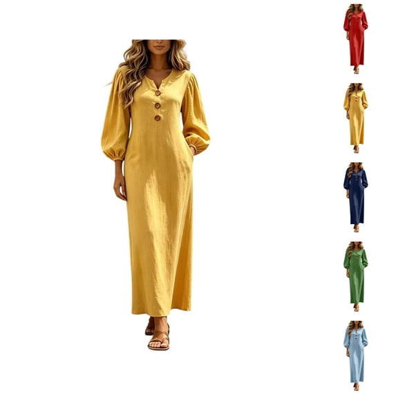Boho Dresses for Women 3/4 Length Puff Sleeve V Neck Casual Maxi Dress with Pockets Vacation Beach Dress