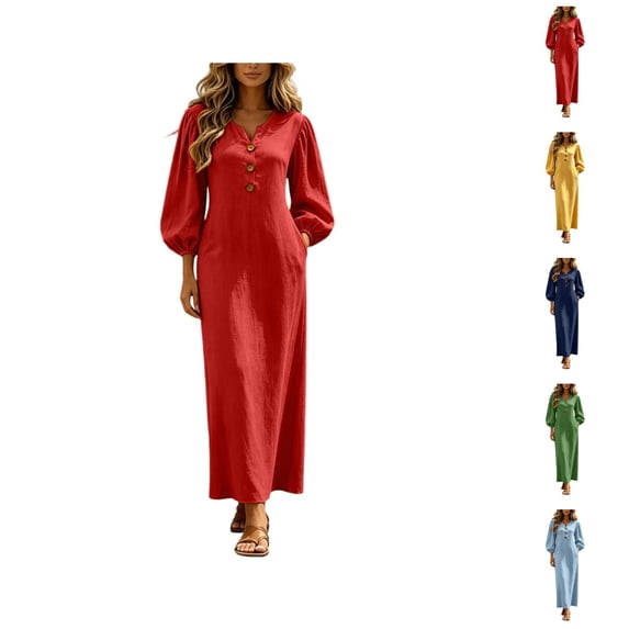 Boho Dresses for Women 3/4 Length Puff Sleeve V Neck Casual Maxi Dress with Pockets Vacation Beach Dress