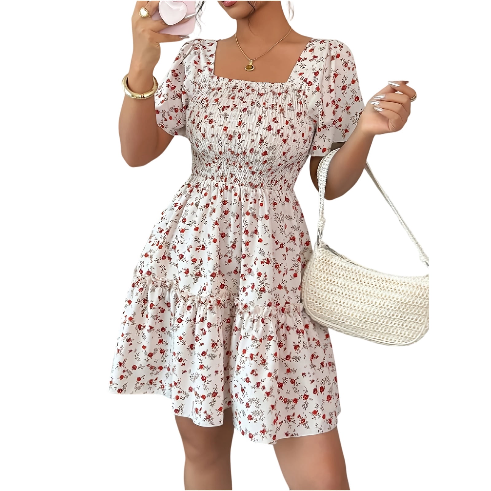 Boho Dresses for Women, Floral Smocked Short Dress, Square Neck Flutter ...