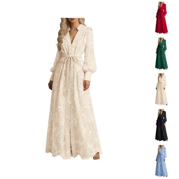 Boho Dresses for Women Long Lantern Sleeve V Neck Band Collar Embroidered Maxi Dress Wedding Guest Dress