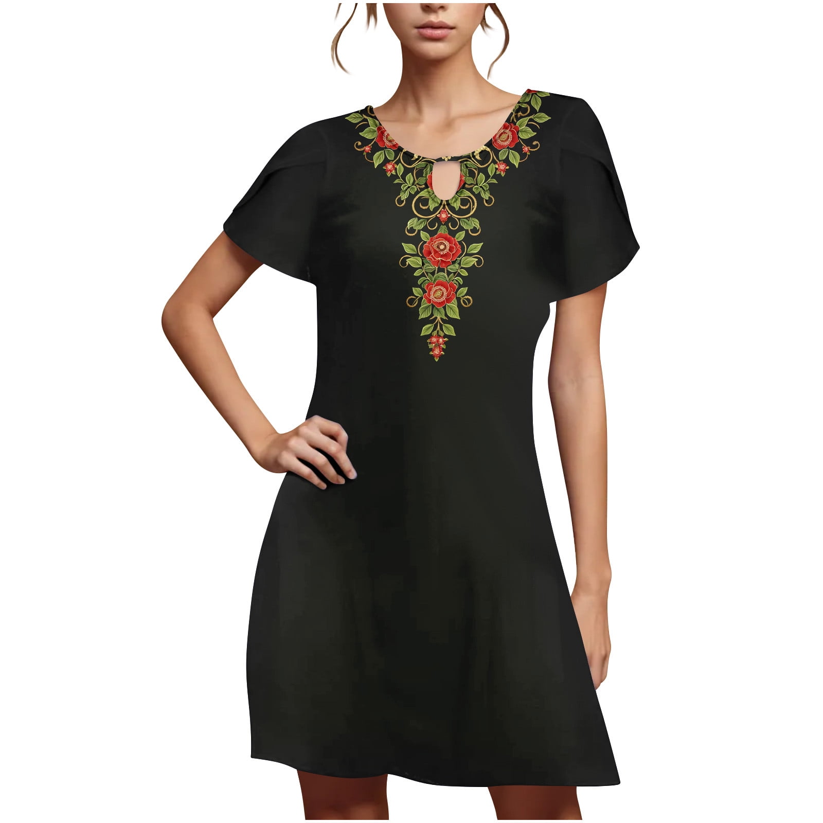 Boho Dresses for Women Loose Fit Short Sleeve Floral Print Keyhole Neck