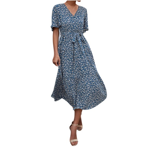 Boho Dresses for Women Polka Dot Short Sleeve Wrap V Neck Midi Dress Casual Summer A Line Flowy Beach Sundress with Belt