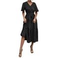 thumbnail image 1 of Boho Dresses for Women Polka Dot Short Sleeve Wrap V Neck Midi Dress Casual Summer A Line Flowy Beach Sundress with Belt, 1 of 5